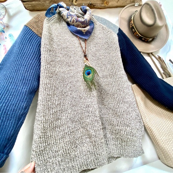 Woven in Scotland patchwork boho tweed wool sweater w equestrian farmhouse vibe - Picture 3 of 14